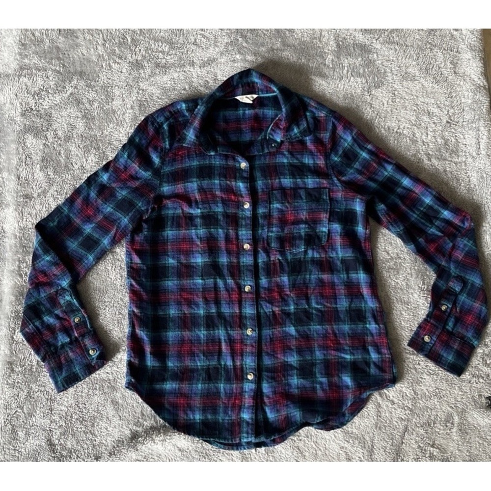 Aeropostale Womens Flannel Top Sz M Blue Button Up Long Sleeve Chest Pockets